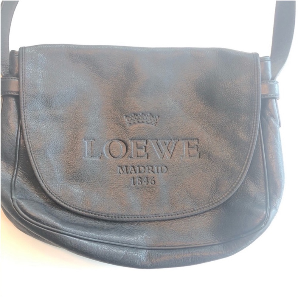 Vintage Loewe Heritage Messenger Bag Black Leather XL Logo Crossbody Spain - Picture 5 of 14